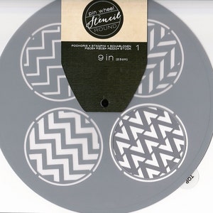 Prima Marketing 9&quot; Stencil CHEVRON Round Pin Wheel 4 Designs Pinwheel Template Mixed Media Home Decor 576011