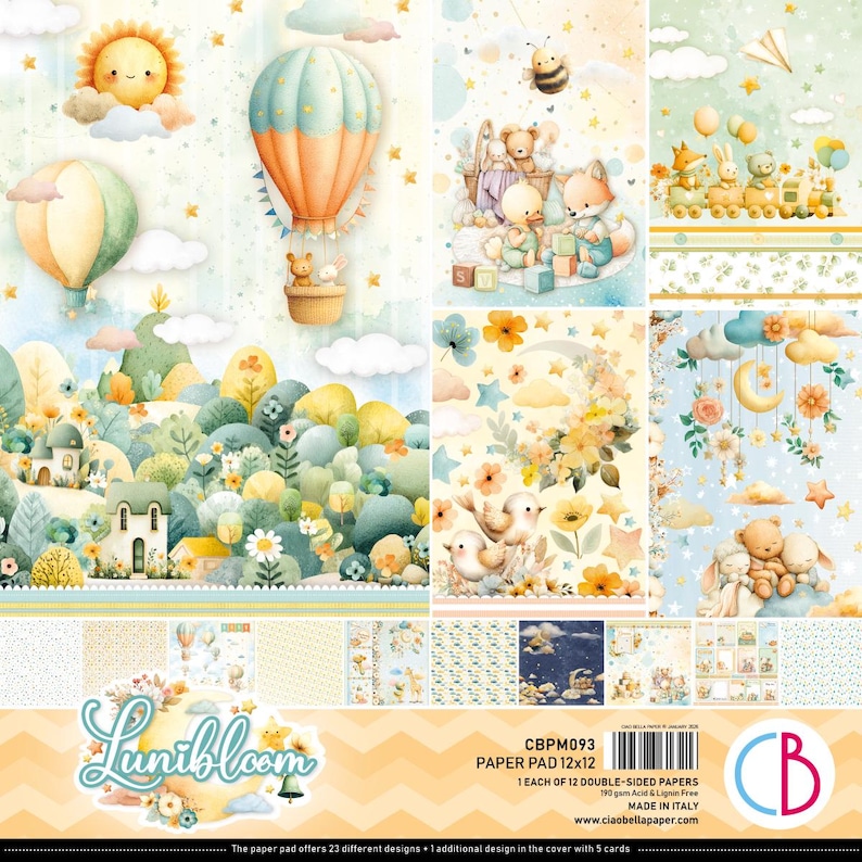 Puede incluir: Un bloc de papel con varias ilustraciones caprichosas. Los dise&ntilde;os incluyen globos aerost&aacute;ticos, soles sonrientes, nubes y adorables personajes de animales. El bloc mide 30,5 x 30,5 cm y presenta papeles de doble cara con varios patrones.