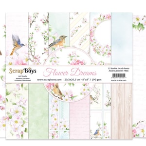 Flower Dreams 8x8 Paper Pad - ScrapBoys Paper - 12 Double Sided Sheets + Cut Outs Scrapbook Planner Cardmaking