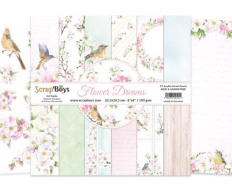 May include: A pack of 12 double-sided scrapbook paper sheets featuring a floral theme with birds and birdhouses. The paper is acid and lignin free and measures 8 inches by 8 inches. The paper is made in Poland.