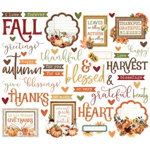 Può includere: Un collage di elementi decorativi a tema autunnale. Il design include la parola "FALL" a lettere grandi, insieme a frasi come "Autumn", "Thanks" e "Harvest". Zucca, foglie e testo incorniciato aggiungono al tema stagionale.