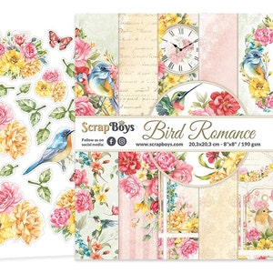 Bird Romance 8x8 Paper Pad - ScrapBoys Paper - 12 Double Sided Sheets + Cut Outs Scrapbook Planner Cardmaking