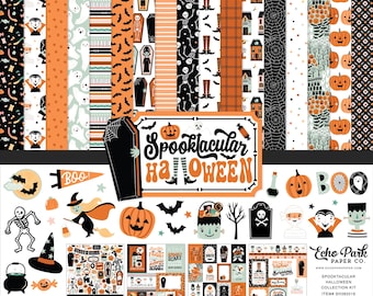 May include: A Halloween-themed paper collection kit with various patterned papers, stickers, and decorative elements. The kit includes papers with pumpkins, bats, coffins, and the words "Spooktacular Halloween". The color palette includes orange, black, and white.