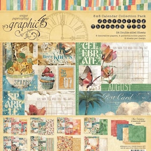 Puede incluir: Un paquete de colección de calendarios de 8x8 cm con el texto "Journaling Through Time". El paquete incluye 24 hojas de doble cara con papeles decorativos y patrones. El diseño presenta imágenes de estilo vintage de mariposas, cupcakes y elementos florales.