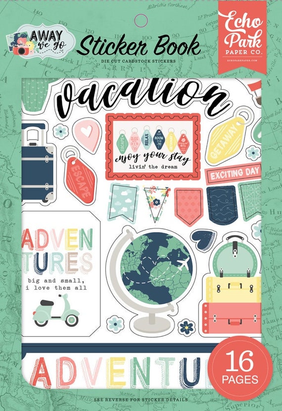 Echo Park Away We Go Sticker Book Die Cut Cardstock Stickers 16 Pages Icons  Titles Words Borders Letters Planner Scrapbook Travel 