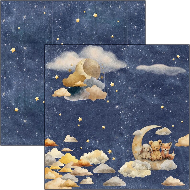 Puede incluir: Ilustraci&oacute;n en acuarela de una escena nocturna con una luna creciente, nubes y estrellas. Tres animales de peluche est&aacute;n sentados en la luna. El fondo es azul oscuro con peque&ntilde;as estrellas y estrellas doradas colgantes.
