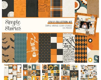 May include: A 12x12 inch Simple Stories Halloween collection kit. The kit includes patterned paper sheets with bats, skeletons, and pumpkins. The kit also includes stickers with Halloween-themed images and text.
