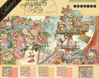 Graphic 45 - Imagine Collector's Edition -  8x8 Paper Pad 24 sheets with Stickers Tags Scrapbook Mixed Media Planner