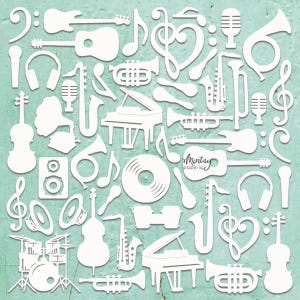 Może przedstawiać: Kolekcja białych wycinanek przedstawiających różne instrumenty muzyczne, w tym gitary, pianina, saksofony, trąbki, skrzypce, perkusje i mikrofony, wraz z nutami i słuchawkami, z widocznym napisem Mintay papers.