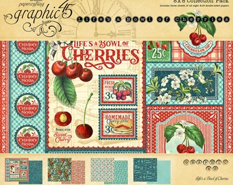 Graphic 45 - Life's a Bowl of Cherries - 8x8 Paper Collection Pack 24 sheets Home Family Tags Scrapbook Mixed Media Planner