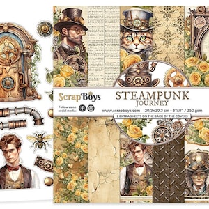 Steampunk Journey 8x8 Paper Pad - ScrapBoys Paper -  12 Double Sided Sheets + Cut Outs Scrapbook Journal Planner Cardmaking