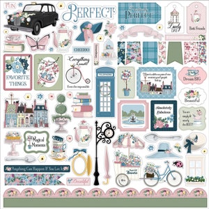 May include: A collection of scrapbook paper stickers with a vintage aesthetic. The stickers feature various images including a teacup, a bicycle, a teapot, a telephone booth, a house, a butterfly, a clock, an umbrella, a flower stand, and a banner that reads 'Perfect'.