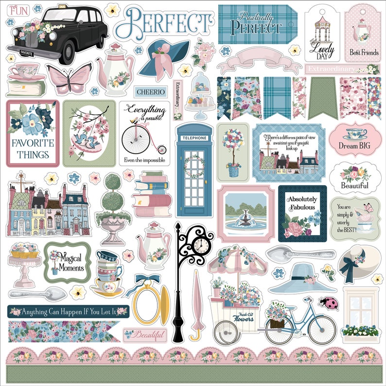 May include: A collection of scrapbook paper stickers with a vintage aesthetic. The stickers feature various images including a teacup, a bicycle, a teapot, a telephone booth, a house, a butterfly, a clock, an umbrella, a flower stand, and a banner that reads 'Perfect'.
