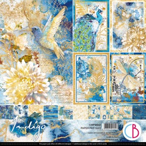 Ciao Bella - Indigo - 12x12 Paper Pad 12 Double Sided Sheets Cardstock Scrapbook Mixed Media Blue Gold Elegant
