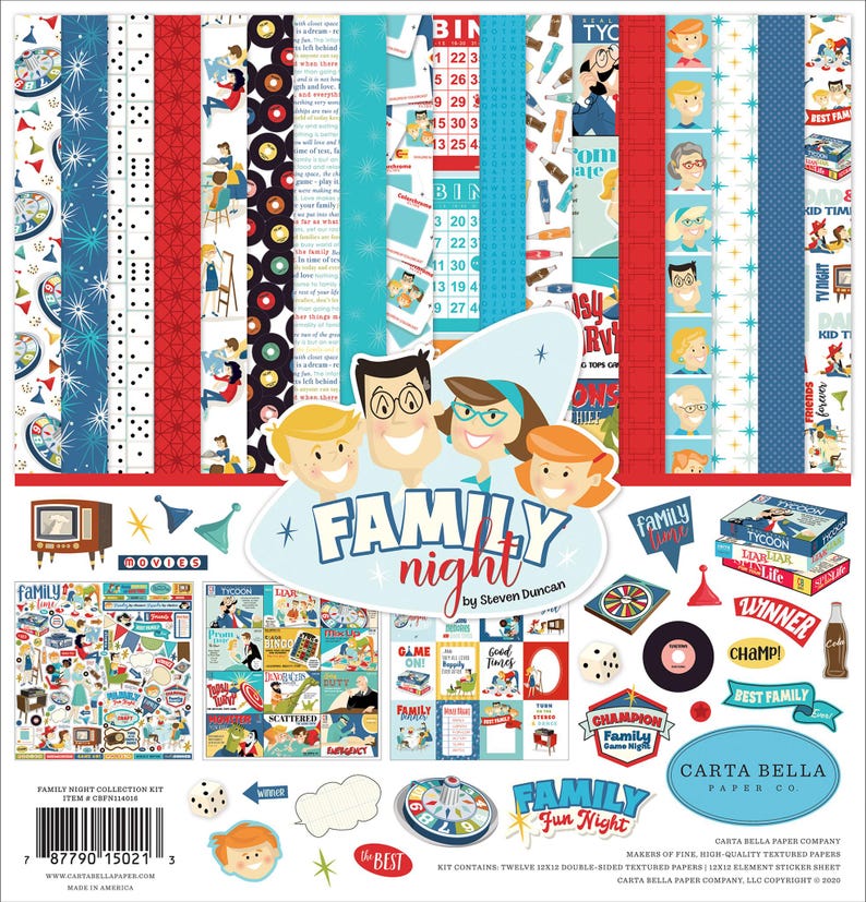 Carta Bella - Family Night 12x12 Collection Kit Scrapbook Papers + Stickers Family Game Retro Steven Duncan image 1