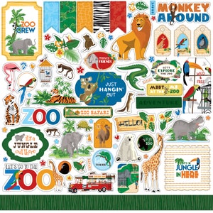 Zoo Adventure 12x12 Element Sticker Sheet - Carta Bella Family Trip Jungle Scrapbook Cardmaking