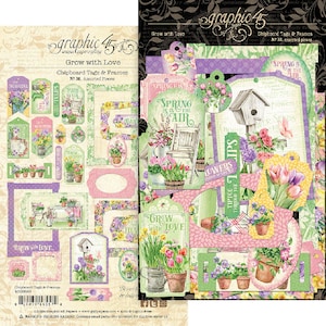Graphic 45 - Grow With Love - 30 pieces Chipboard Tags & Frames Assortment Garden Mixed Media Scrapbook Planner
