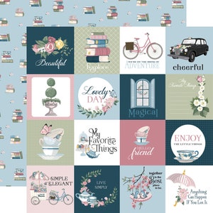 May include: A digital paper pack with a blue and green background. The paper pack features various illustrations including a bicycle, a teacup, a window, a book stack, a flower arrangement, and a car. The paper pack also includes text such as 'Beautiful', 'Explore', 'Lovely Day', 'My Favorite Things', 'Magical', 'Simple & Elegant', 'Live Simply', 'Together is the Best Place to Be', 'Enjoy the Little Things', 'Cheerful', 'Anything Can Happen If You Let It', and 'We're on the Brink of Adventure'.