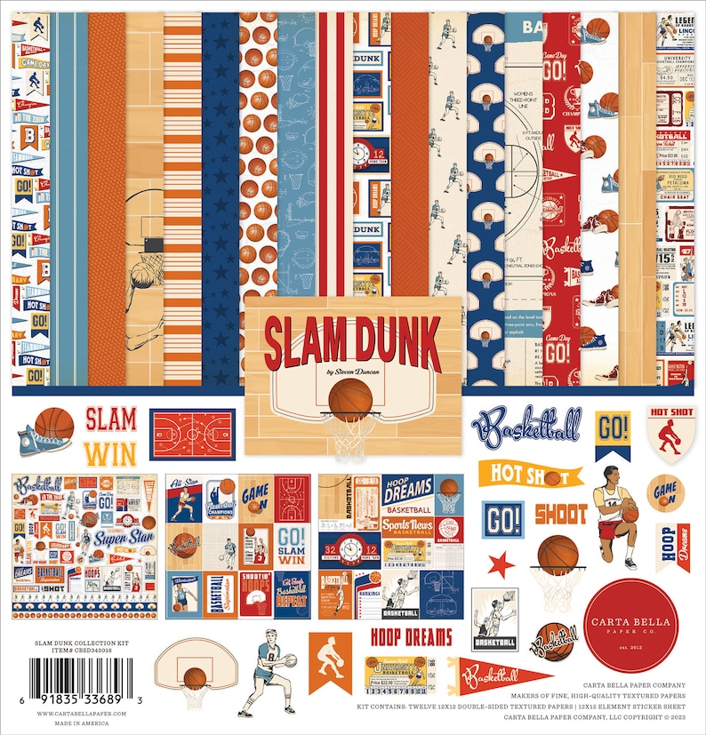 Carta Bella - Slam Dunk - 12x12 Collection Kit Basketball Scrapbook Papers + Stickers Team Sports image 1