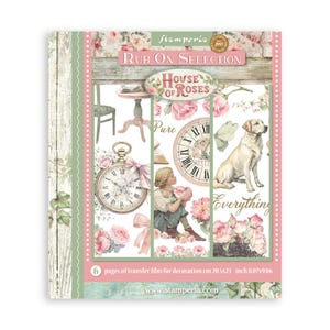 May include: A Stamperia Rub On Selection transfer film set titled House of Roses, featuring six 8.07 x 9.06 inch sheets. The designs include a pocket watch, a clock face, a dog, a person, roses, and furniture in soft pink and neutral tones.