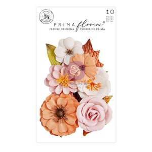 May include: A package of ten handmade Prima Flowers in various colors, including peach, pink, and white. The flowers have detailed petals and are arranged with green and brown leaves. The package has the Prima Flowers logo and text in English, French, and Spanish.