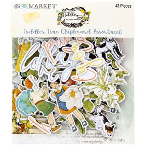 Toddler Time Chipboard Assortment Set - 49 and Market - 43 Die Cut piece Words Icons Scrapbook