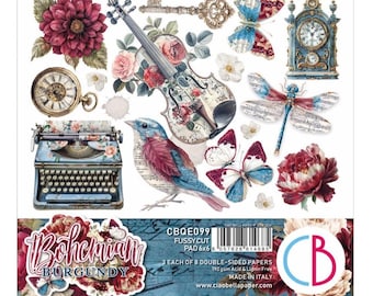 Ciao Bella - Boho Burgundy - Blocco di cartoncini fustellati 6x6, confezione da 24 pezzi per scrapbooking e tecniche miste CBQE099