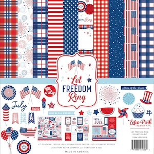 Echo Park - Let Freedom Ring - 12x12 Collection Kit Scrapbook Papers + Stockers Family July 4th America Planner Photo Collage Tags