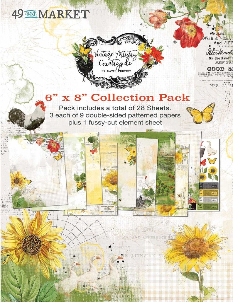 Vintage Artisty Countryside 6x8 Collection Pack 49 and Market Scrapbook Papers Bonus Fussy-cut Element Sheet 28 sheets image 1