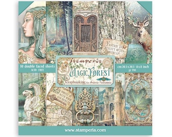 Stamperia - Magic Forest - Bloc de papel de 8 x 8, 10 hojas de cartulina de doble cara, álbum de recortes, técnica mixta SBBS78