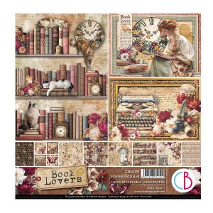 May include: A collage featuring a bookshelf with books, clocks, and cats, alongside a woman reading and a typewriter. The words "Book Lovers" are displayed on a banner. The paper pad offers 23 different designs.