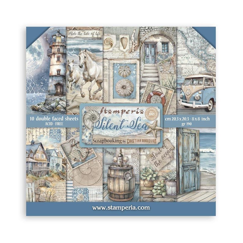 Stamperia - Silent Sea - 8x8 Pappersblock 10 Dubbelsidiga Ark Kartong Scrapbook Blandteknik SBBS125 bild 1