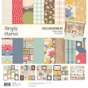 May include: A scrapbook kit by Simple Stories, featuring patterned paper and embellishments. The kit includes floral, plaid, and polka dot designs in a variety of colors, with the text "12x12 Collection Kit Front Porch 113 Pieces".