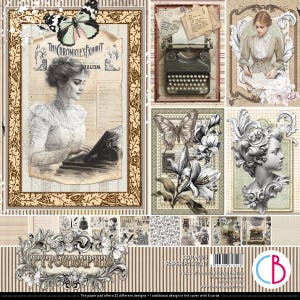 May include: A collection of vintage-themed images featuring a woman at a typewriter, butterflies, flowers, and a classical bust, all within decorative frames. The background is striped. The text "TYPOGRAPHIC" is displayed prominently.