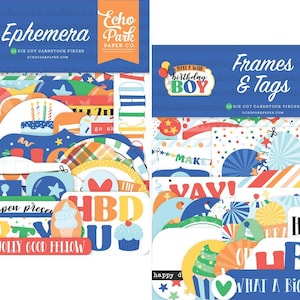 Echo Park - Make A Wish Birthday Boy (2 packs) Ephemera Die Cuts + Frames & Tags 68 pieces Party Scrapbook Cards Journal
