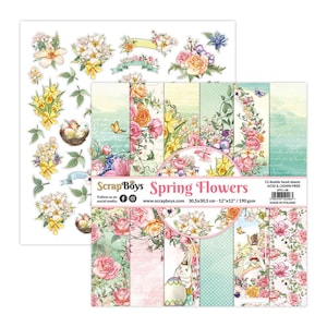 Spring Flowers 12x12 Paper Pad - ScrapBoys Paper - 12 Double Sided Sheets + Cut Outs Scrapbook Planner Cardmaking