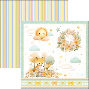 Puede incluir: Papel de scrapbook de doble cara con un dise&ntilde;o caprichoso. Un lado presenta rayas verticales en colores pastel. El otro lado tiene una escena con un sol sonriente, nubes, una corona floral y animales del bosque, incluyendo un zorro y un ciervo.