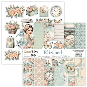Elizabeth 8x8 Paper Pad - ScrapBoys Paper -  12 Double Sided Sheets + Cut Outs Scrapbook Journal Planner Cardmaking
