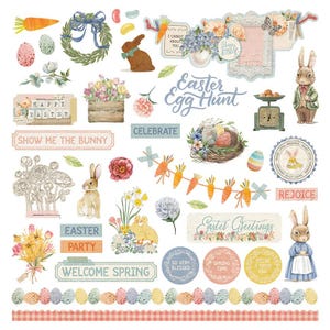Bunnies and Blooms 12x12 Element Sticker Sheet - PhotoPlay Paper Scrapbook Journal Easter Spring