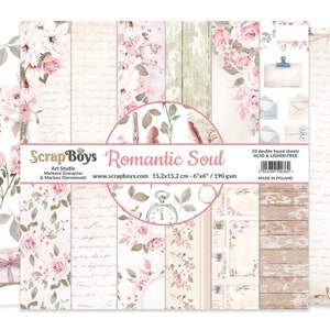 Romantic Soul 6x6 Paper Pad - ScrapBoys Paper - 24 Double Sided Sheets + Extra Cut Outs for Scrapbook Planner Cardmaking