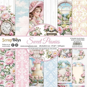 Sweet Peonies 8x8 Paper Pad - ScrapBoys Paper -  12 Double Sided Sheets + Cut Outs Scrapbook Journal Planner Cardmaking