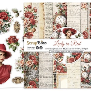 Lady In Red 6x6 Paper Pad - ScrapBoys Paper - 24 Double Sided Sheets + Extra Cut Outs for Scrapbook Planner Cardmaking