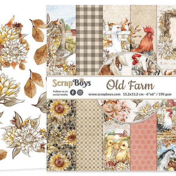 6"x 6" Old Farm - ScrapBoys Paper - Pack of 24 Double Sided Sheets + Extra Cut Outs for Scrapbook Planner Cardmaking