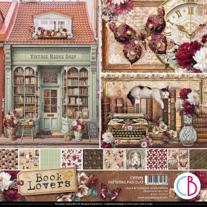 Könnte beinhalten: Eine Collage mit einem Vintage-Buchladen, einem Schmetterling, einer Uhr und einer schlafenden Katze. Das Bild enthält einen Papierblock mit floralen Mustern und dem Text "Book Lovers."