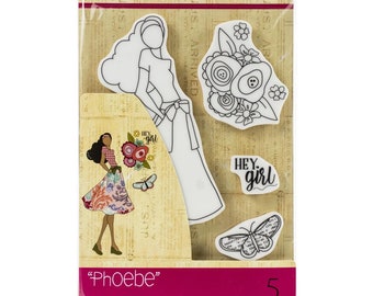 Julie Nutting Doll Stamp "Phoebe" Cling Rubber 5 pieces Mixed Media Planner Card Tags Prima Marketing 913052