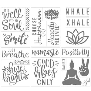 Wellness Theme - 6 Sheets 6" x 8" Darice Adhesive-Back Stencils Health Calm Happiness for Cards Scrapbook Home Decor Wall Arts 30092523