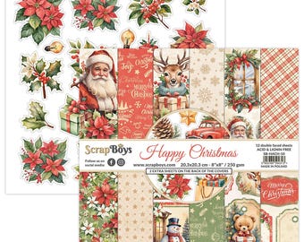 God Jul - 8x8 Pappersblock - ScrapBoys Papper - 12 Dubbelsidiga Ark + Extra Utklippsblad Scrapbook