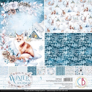 May include: A patterned paper pad with a winter theme. The cover features a fox, a cabin, and winter foliage. The pad includes various designs with deer, forests, and winter scenes. The text "Winter Journey" is displayed on the cover. The pad is 12x12 inches.