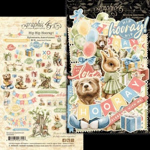 Graphic 45 - Hip Hip Hooray - 55 pieces Die Cut Ephemera Set Birthday Party Mixed Media Scrapbook Planner