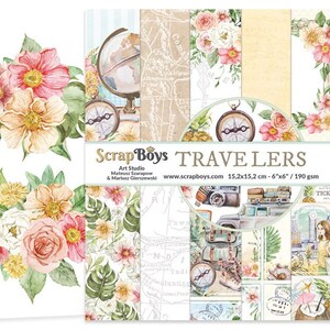 Travelers 6x6 Paper Pad - ScrapBoys Paper - 24 Double Sided Sheets + Extra Cut Outs for Scrapbook Vacation Planner Cardmaking